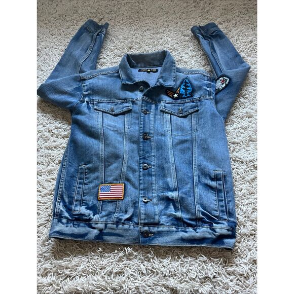 MENS RING OF FIRE PATCHED DISTRESSED DENIM JEAN JACKET SIZE L - Picture 12 of 12